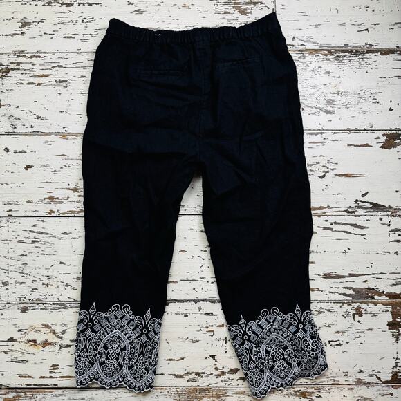 Chico's Pull On Embroidery Linen Crop Pants Black White Size 2 or U.S. 12 Resort - Picture 2 of 11